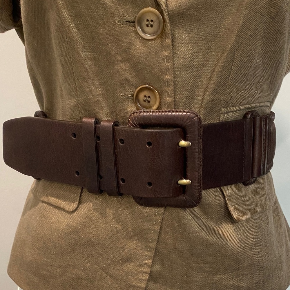 Cole Haan Wide Leather Belt Dark Brown Textured Buckle Size Large